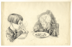 39701 Afbeelding van een meisje en een jongen, etend in de uitdeelpost Paulushuis te Utrecht.